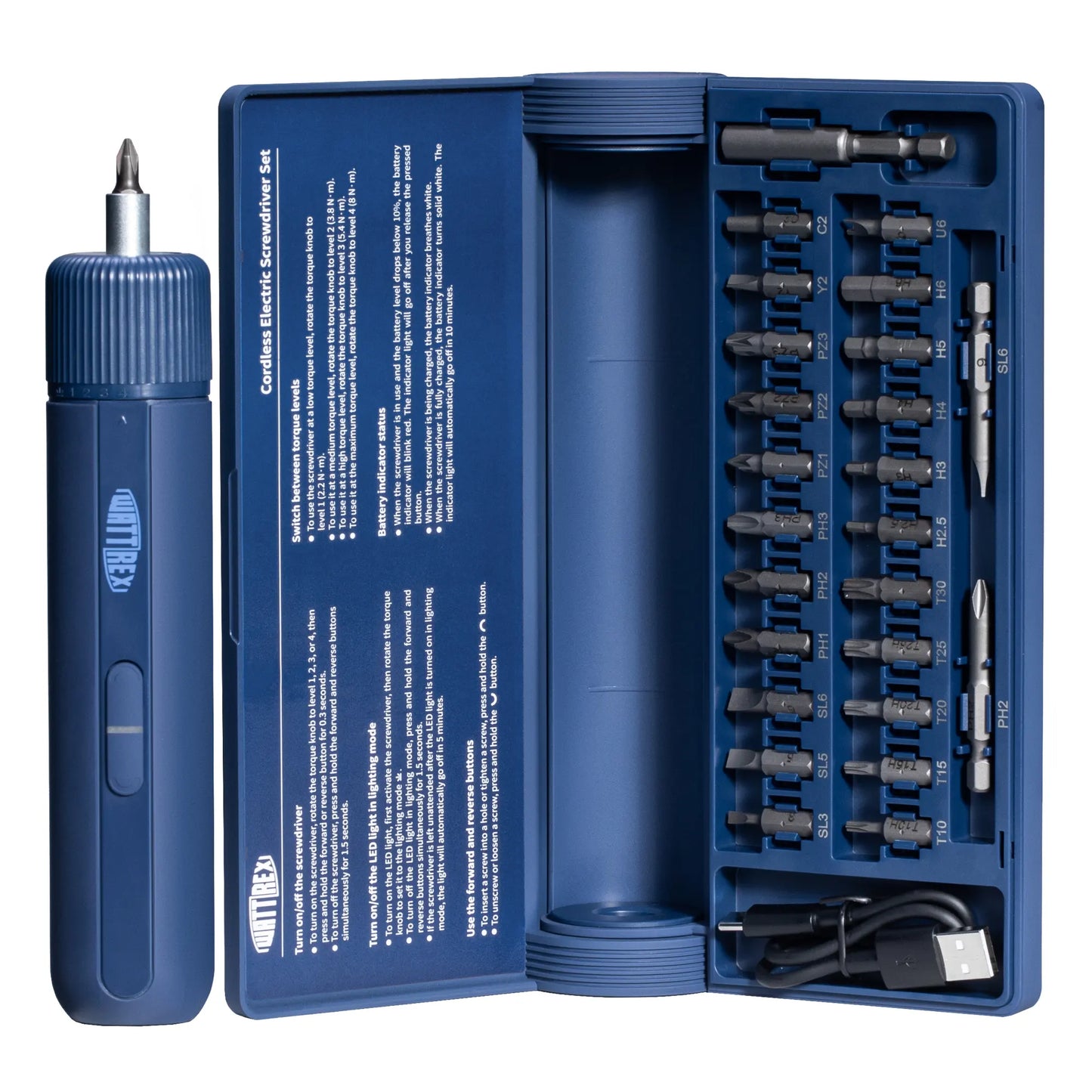 WATTREX 4V Cordless Screwdriver Set 24 S2 Bits 8N·m Torque LED Type-C Navy