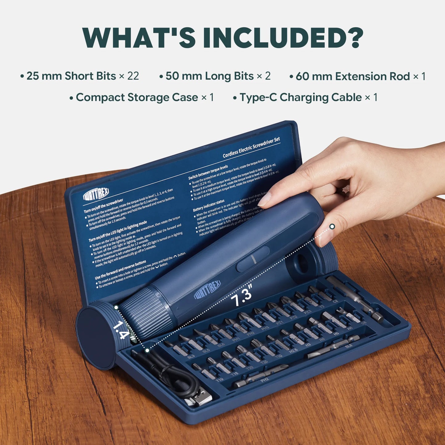 WATTREX 4V Cordless Screwdriver Set 24 S2 Bits 8N·m Torque LED Type-C Navy