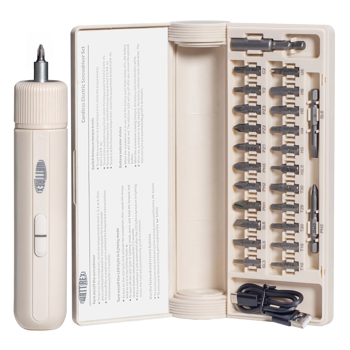 WATTREX Cordless Screwdriver with 25 pcs Screwdriver Bit Set,White