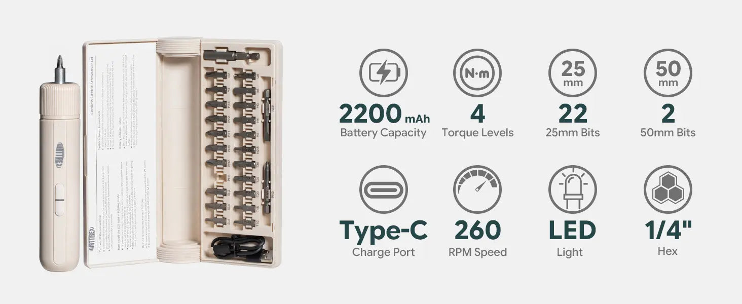 WATTREX Cordless Screwdriver with 25 pcs Screwdriver Bit Set,White